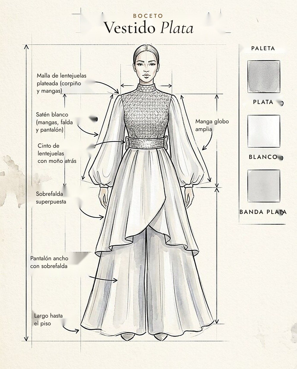 Boceto del vestido Plata, con paleta y detalles de cada parte